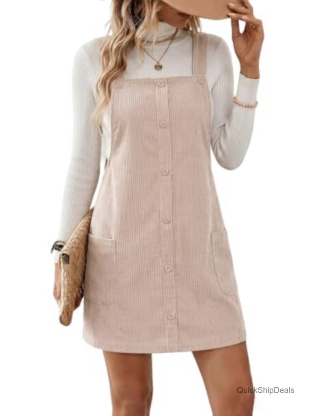 Women's Corduroy Overall Dress Sleeveless Jumper with Pockets